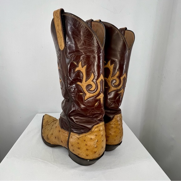 Sterling Brown and Tan Two-Tone Ostrich Leather Pointed Toe Cowboy Boots - Picture 4 of 11